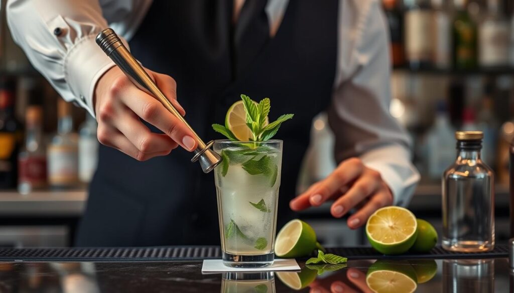 Barman préparant un mojito avec différentes techniques Barman préparant un mojito avec différentes techniques