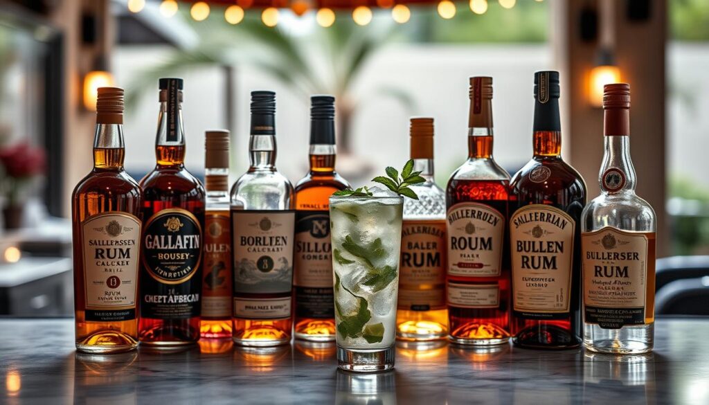 Collection de rhums pour mojito avec un cocktail préparé Collection de rhums pour mojito avec un cocktail préparé