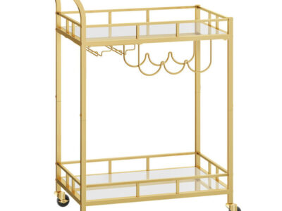 Vasagle - Desserte pour Boissons, Chariot à Roulettes, Meuble de Cuisine, 2 Niveaux en Verre Réfléchissant, avec Porte-bouteilles, Porte-verres, pour
