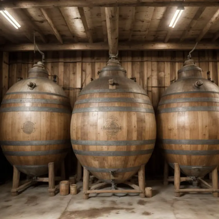 Trois grandes cuves en bois pour fermentation ou stockage dans une cave.